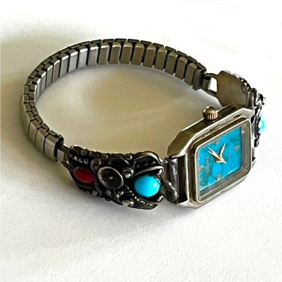 Signed, Navajo Vintage Turquoise Coral Sterling Silver Watch Tips - Picture 2 of 6